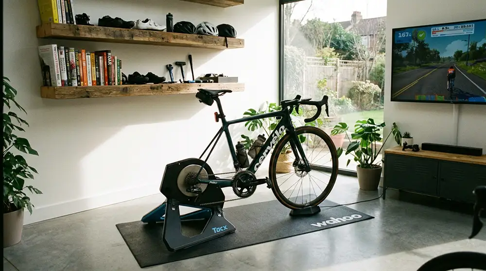 Bici en un rodillo de entrenamiento con una casa minimalista