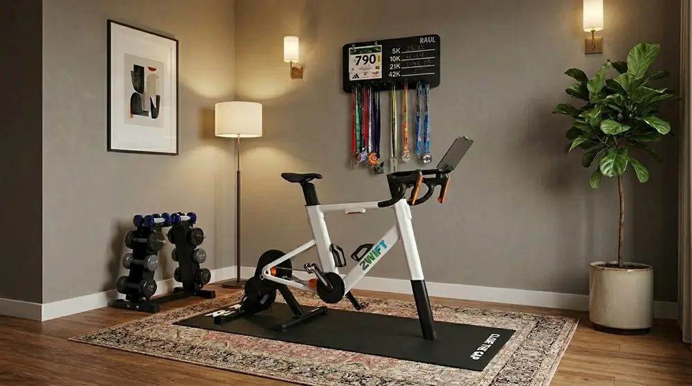 Bicicleta estática con medallero colgado