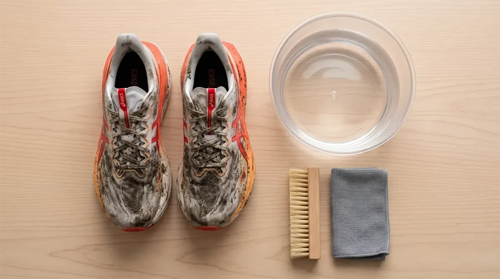 Materiales básicos para limpiar zapatillas de running a mano: cepillo suave, agua y bayeta.