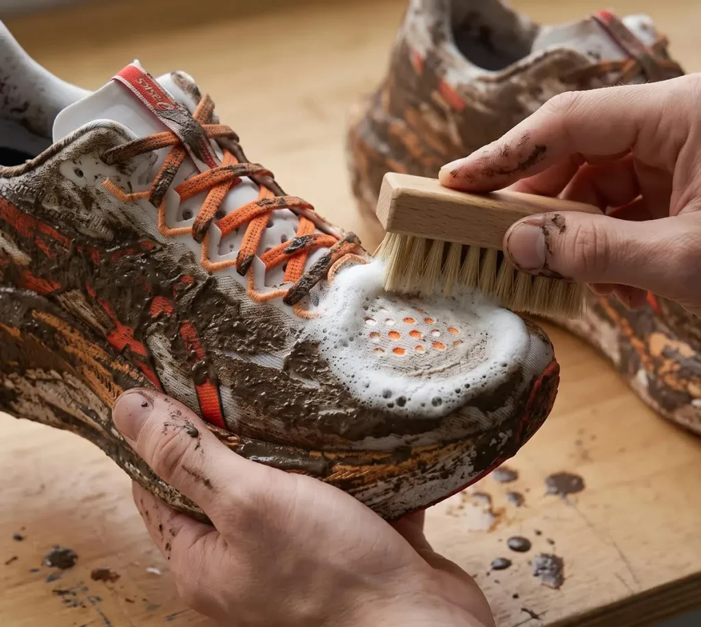 Cepillado suave del tejido exterior de una zapatilla de correr con jabón neutro.