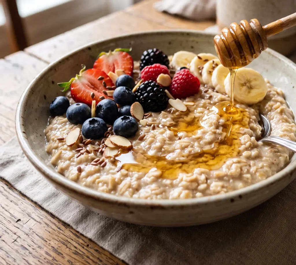 Plato de avena suave con miel y plátano para comer antes de correr.