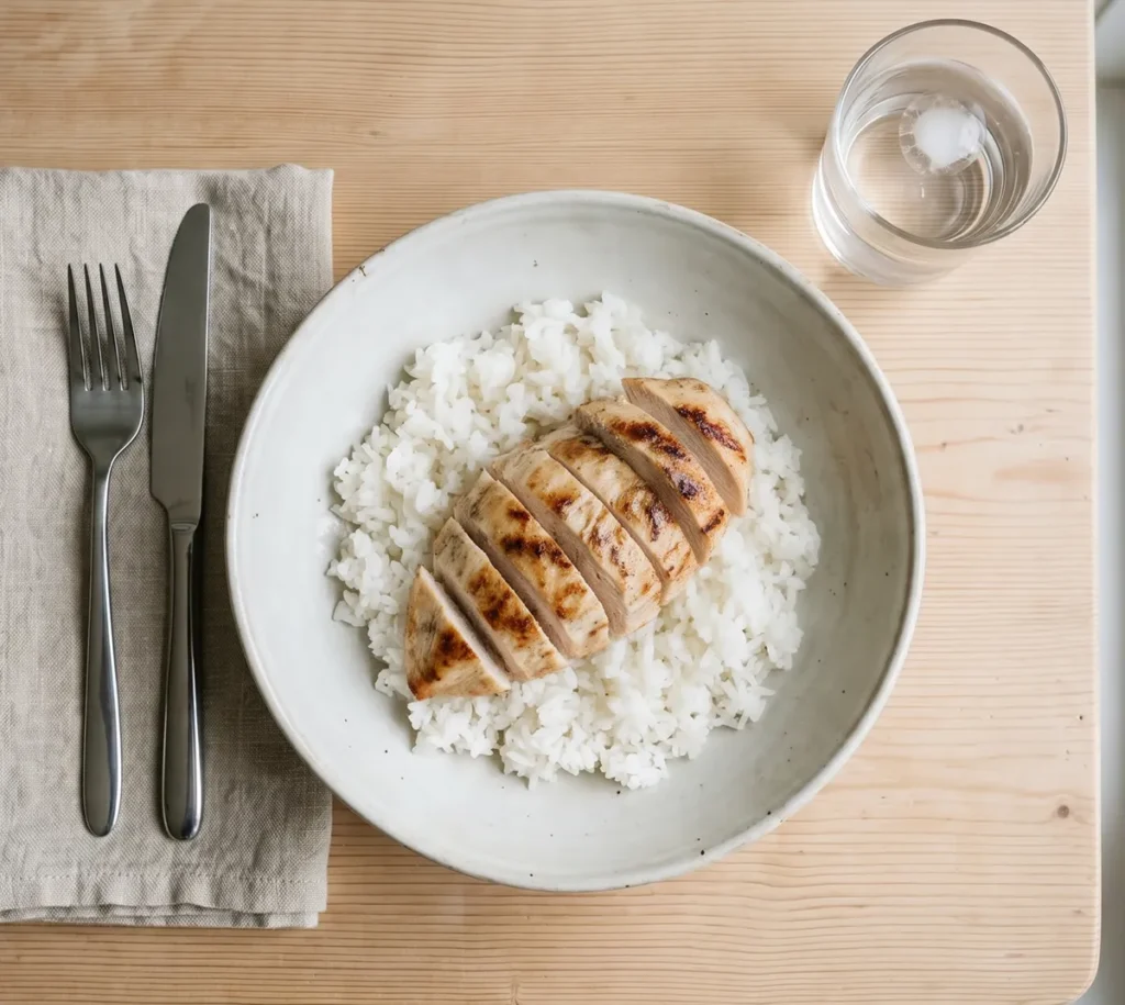 Comida ligera de arroz y pollo previa a una competición deportiva de tarde.