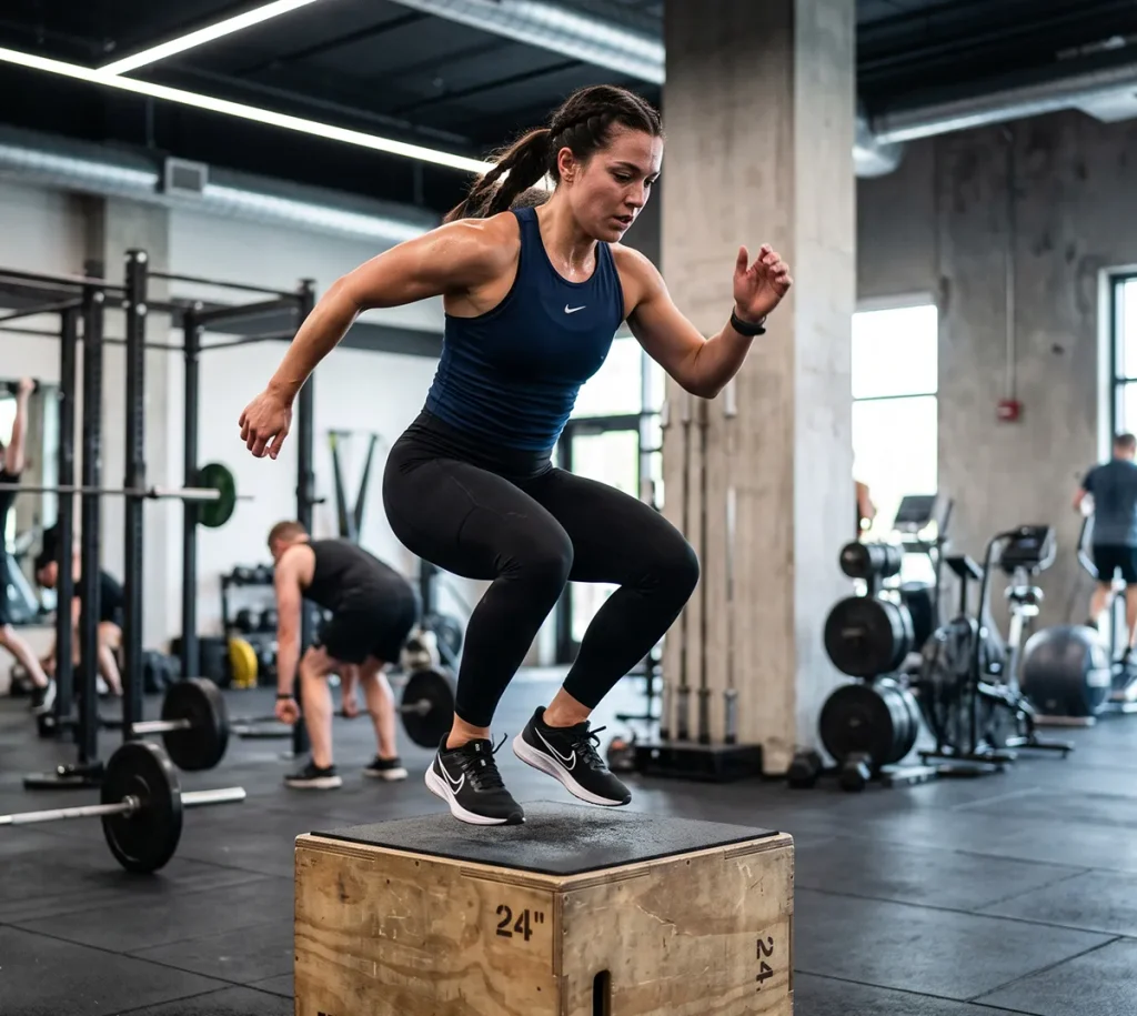 Corredor de fondo realizando ejercicios de fuerza en el gimnasio.