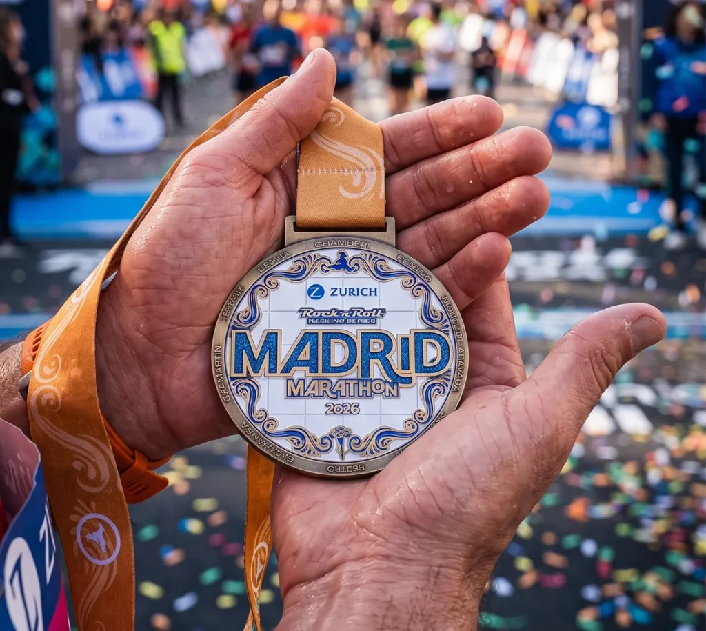 Corredor sosteniendo su medalla de meta tras completar una prueba de running.