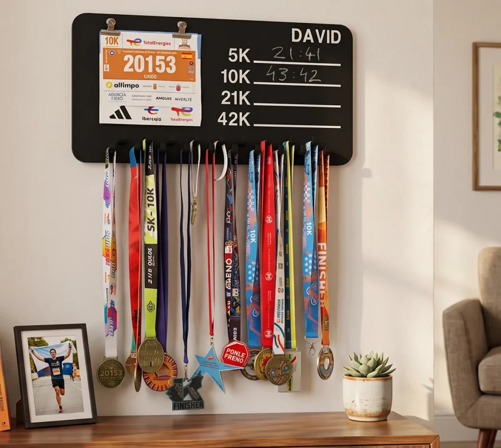 Medallero de madera con medallas y dorsales de carreras organizados en la pared.