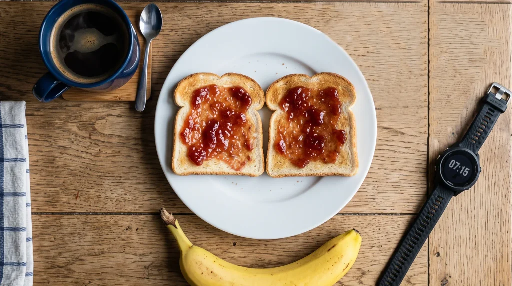 Desayuno para corredores antes de una carrera con tostadas y un platano sobre la mesa.