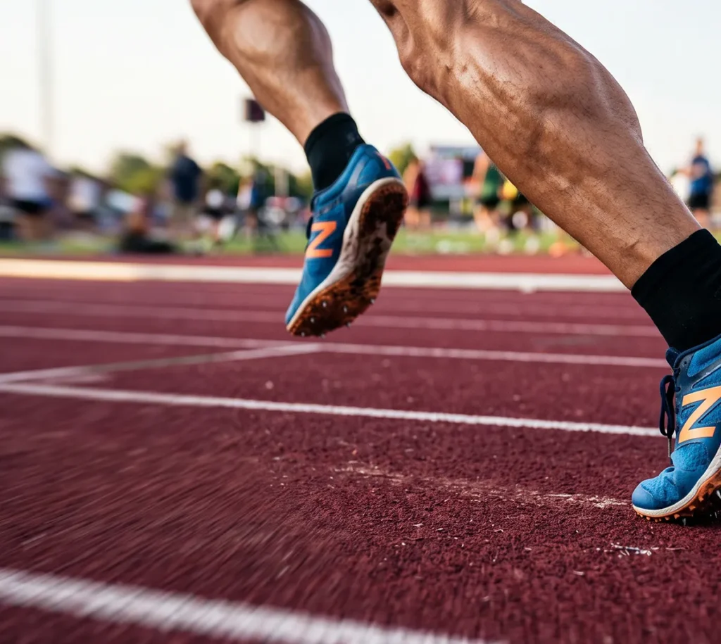 Zancada de un atleta manteniendo la intensidad con rectas cortas en el afinamiento precompetitivo.